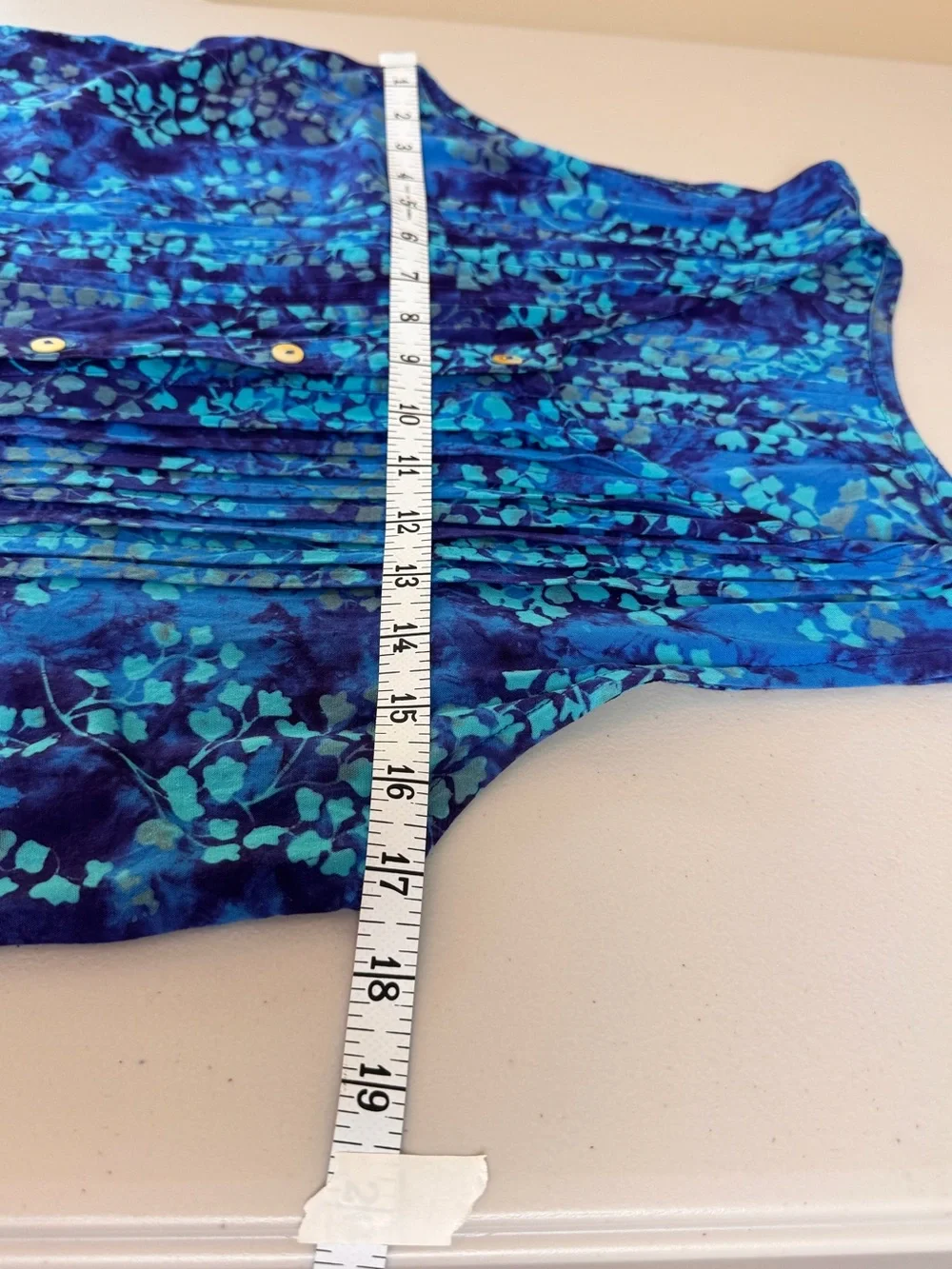 Blue Batik Rayon Sleeveless Pintuck Button Front A-Line Dress
